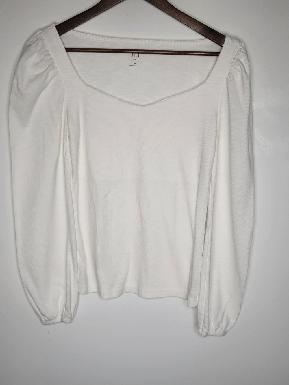GAP White Sweetheart Neck Puff Sleeve Long Sleeve Ribbed Knit Top Blouse Size M